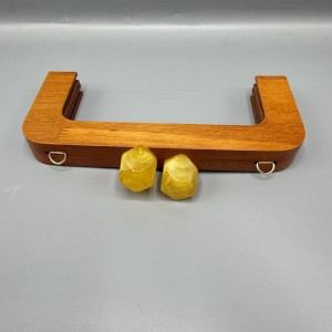 Ahşap Mıknatıslı Dikdörtgen Çanta Bursu 20 cm  Taba Köşeli Boncuklu Sarı
