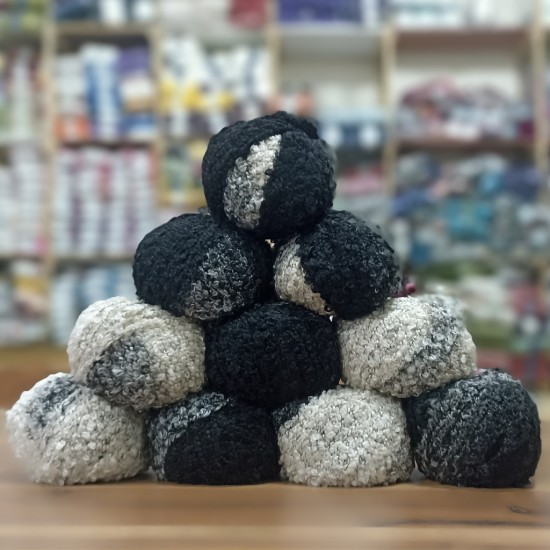 500 gr (10 Adet ) %25 Alpaca %25 Yün (Wool) BUKLET İhraç Fazlası Ombre Ebruli El Örgü İpi - Siyah Krem