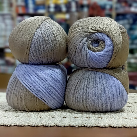 400 gr %20 Yünlü Zincir Büklüm Ebruli Cake İhraç Fazlası El Örgü İpi - UçukLila-Bej