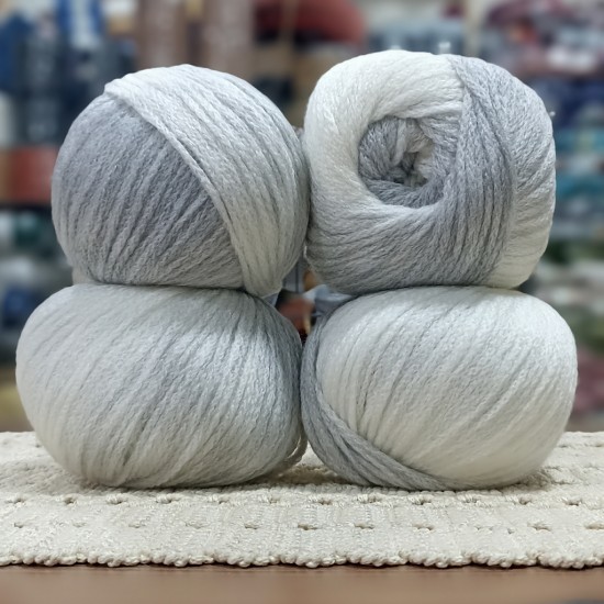 400 gr %20 Yünlü Zincir Büklüm Ebruli Cake İhraç Fazlası El Örgü İpi - Açık Gri-Ekru