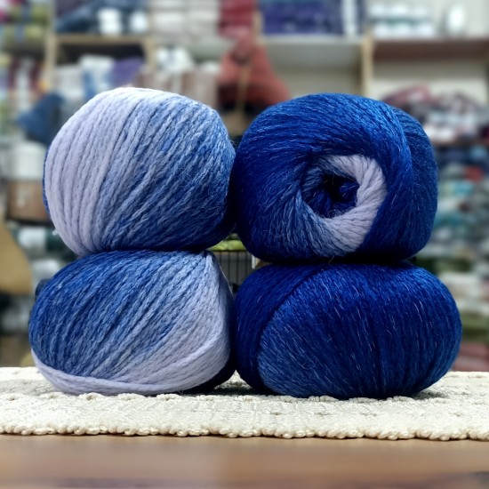 400 gr %20 Yünlü Zincir Büklüm Ebruli Cake İhraç Fazlası El Örgü İpi - RoyalMavi-Lila