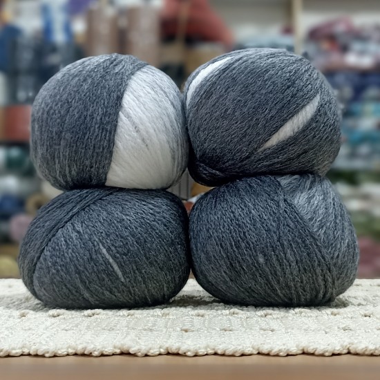 400 gr %20 Yünlü Zincir Büklüm Ebruli Cake İhraç Fazlası El Örgü İpi - KoyuGri-Beyaz