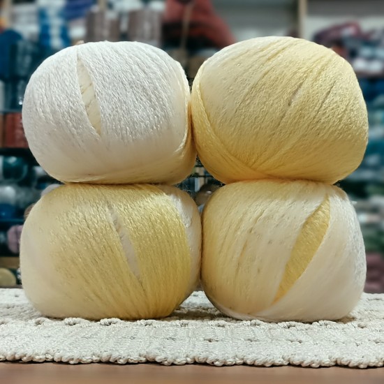 400 gr %20 Yünlü Zincir Büklüm Ebruli Cake İhraç Fazlası El Örgü İpi - Sarı-Krem