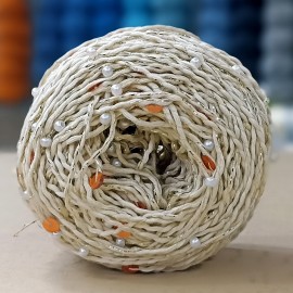 100 gr Sarma Payetli Simli İncili El Örgü İpliği - Krem Turuncu Pullu