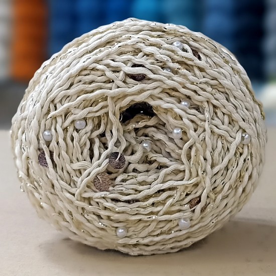 100 gr Sarma Simli İncili Pullu El Örgü İpliği - Krem Kahve Pullu