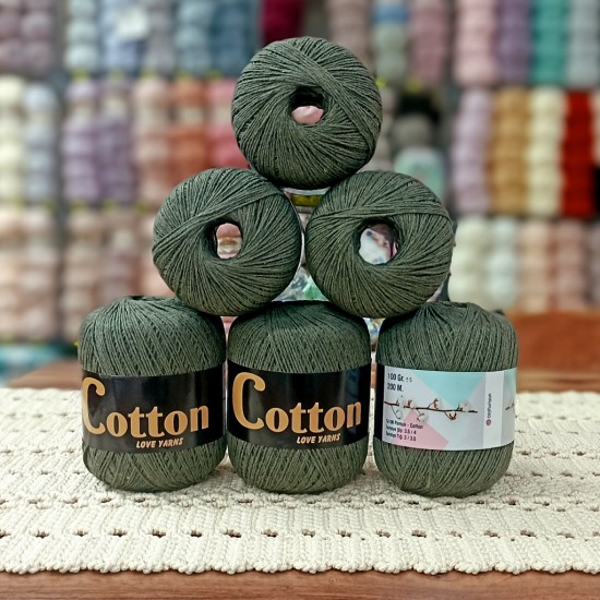 6 Adet (600) gr Cotton Love Yarns %100 Brezilya Saf Pamuk - Asker Yeşili