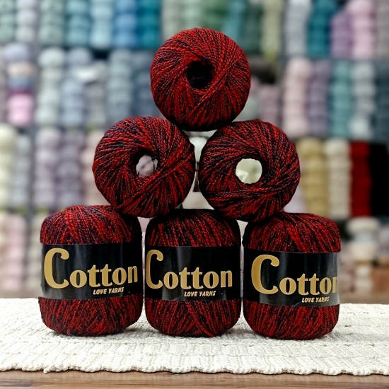 6 Adet (600) gr Cotton Love Yarns %30 Merserize Viskon %50 Pamuk İnce Buklet Büküm İhraç Fazlası El Örgü İpi - Kırmızı Siyah Ebruli 