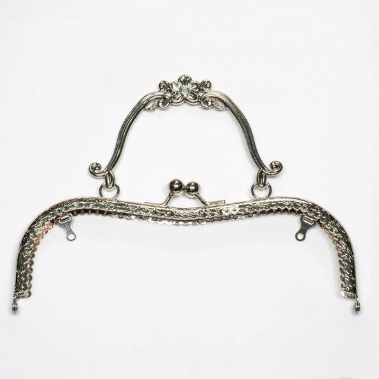 Saplı Vintage Çiçek Desenli Çanta Bursu 21 CM Gümüş