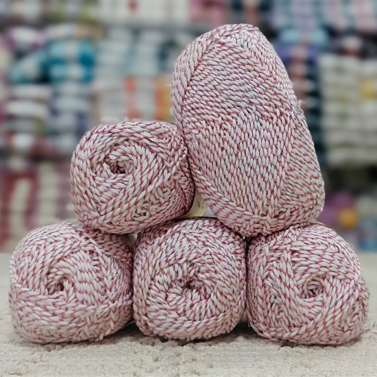 500 gr %80 Pamuk SİMLİ El Örgü İpi - Beyaz-Pembe Renkli Simli